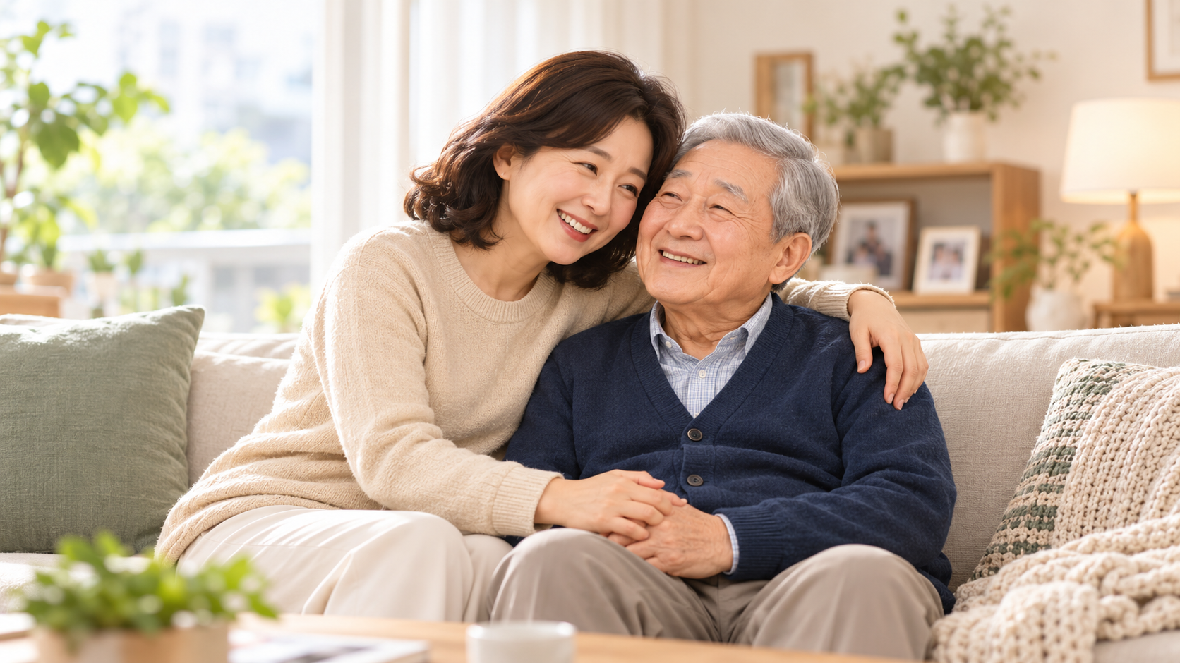 집에서 딸이 아버지 곁에 앉아 손을 잡고 돌보는 장면